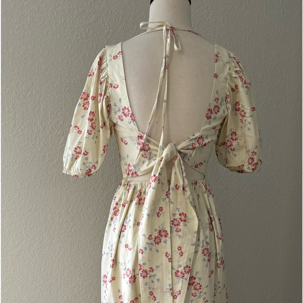 WAYF Whisper Cottage-Core‎ Square Neck Back Tie Ivory Floral Print Ivory Sz S - Picture 5 of 16